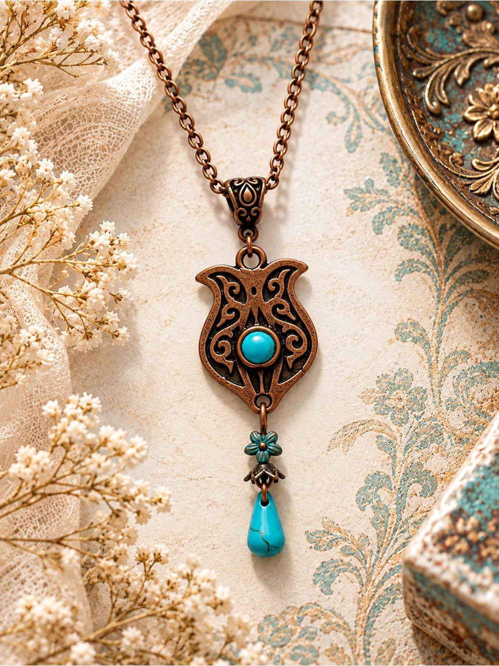 Handmade Turquoise Antique Copper Boho Necklace